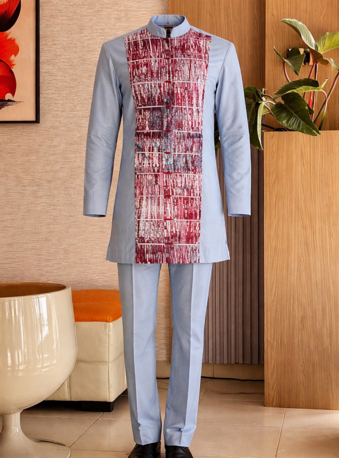 Kabíno – Ensemble africain homme en bazin bleu et panneau artistique bordeaux