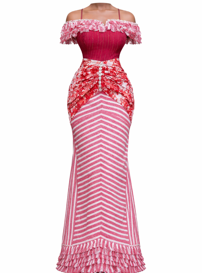 Kabíno – Robe africaine élégante rouge et rose à épaules dénudées