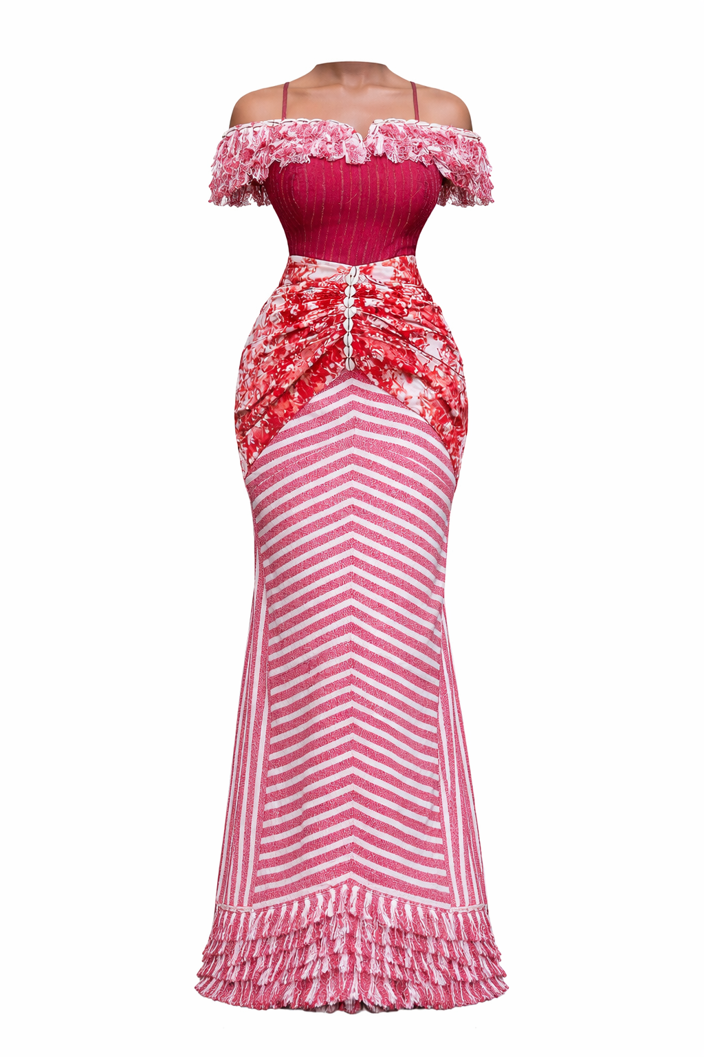 Kabíno – Robe africaine élégante rouge et rose à épaules dénudées